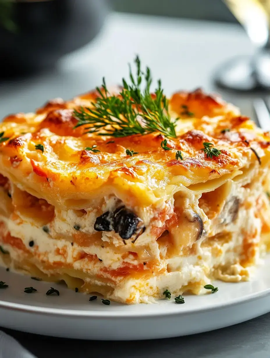 A slice of lasagna layered with cheese, sauce, and vegetables, garnished with fresh herbs, on a white plate.