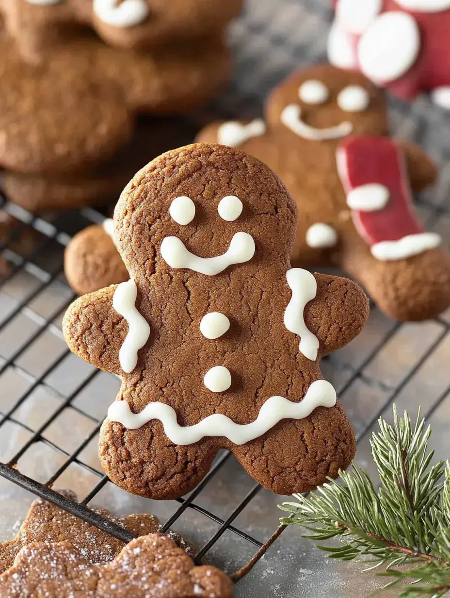 A decorated gingerbread cookie with a smiling face and white icing details sits on a cooling rack, surrounded by other gingerbread figures and a sprig of greenery.