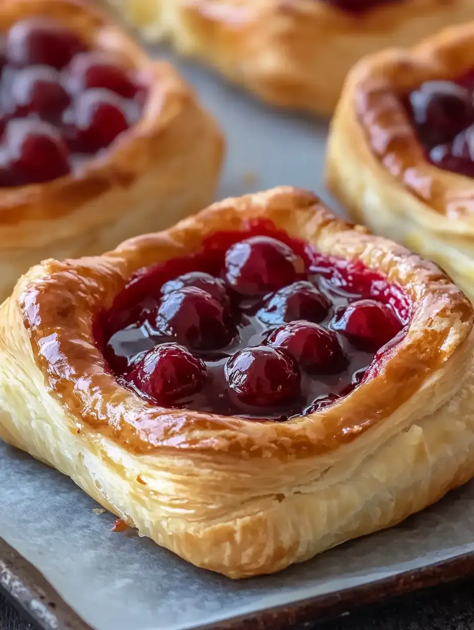 A close-up of a flaky pastry topped with glossy cherry filling and whole cherries.