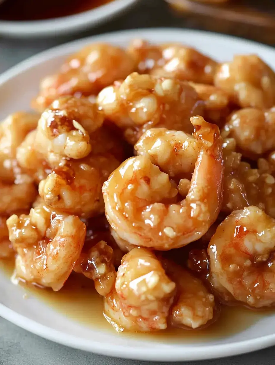 A close-up of succulent, glazed shrimp piled on a white plate, garnished with chopped garlic, and accompanied by a dipping sauce in the background.