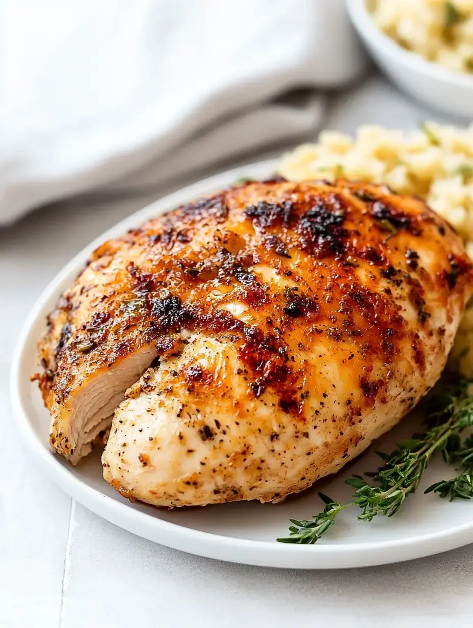 A perfectly cooked, golden-brown chicken breast served on a plate with fresh thyme and a side of rice.