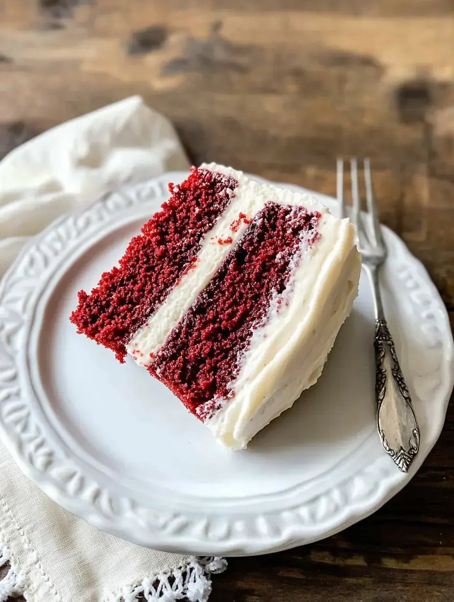 A slice of red velvet cake with cream cheese frosting sits on a decorative white plate beside a silver fork.