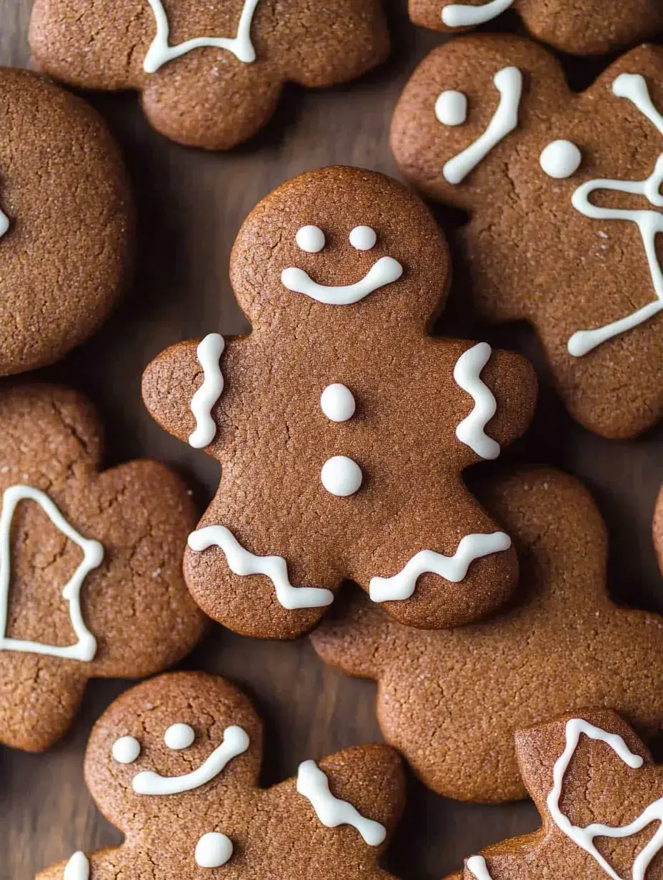 A collection of decorated gingerbread cookies, featuring a prominent smiling gingerbread man and various festive shapes, are arranged on a wooden surface.