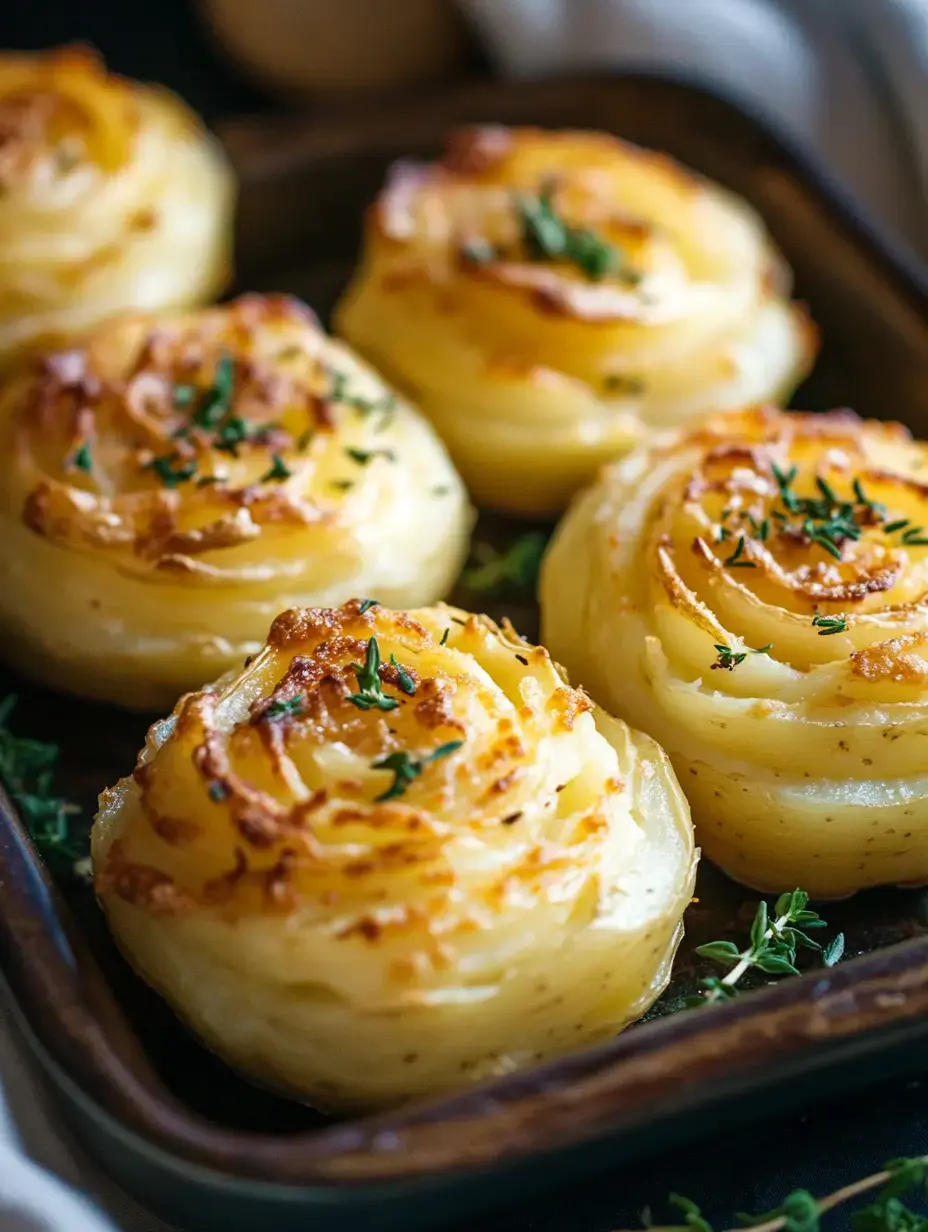 A tray of beautifully arranged, golden-brown potato roses garnished with fresh thyme.