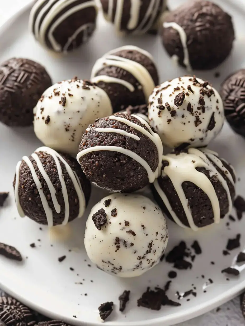 A plate of chocolate truffles coated in white chocolate and drizzled with icing, some topped with crushed Oreo pieces.