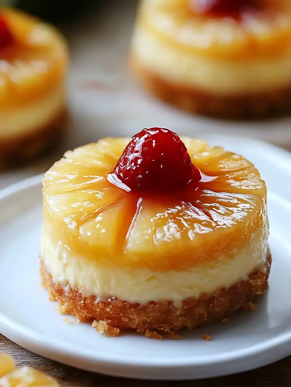 A small pineapple upside-down cheesecake topped with a cherry sits on a white plate.