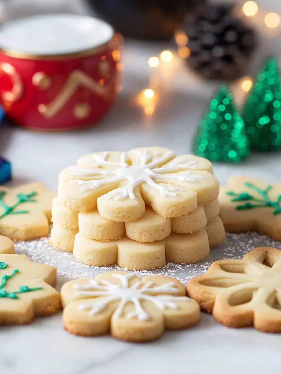 A festive display of decorated snowflake-shaped cookies, some stacked, surrounded by glittering trees and holiday decor.