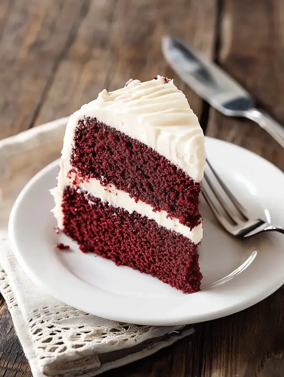 A slice of red velvet cake with cream cheese frosting is served on a white plate, resting on a textured napkin.