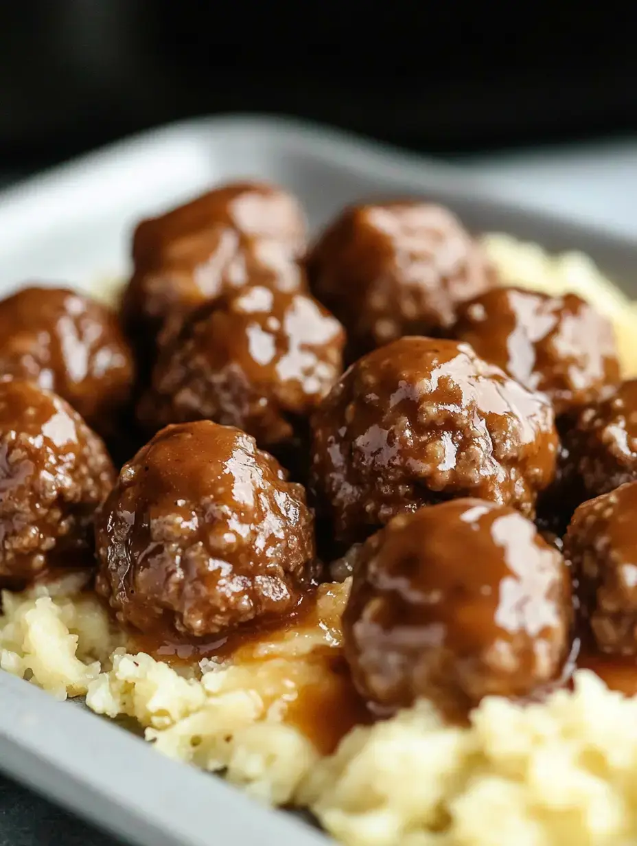 A plate of meatballs covered in brown gravy served over mashed potatoes.