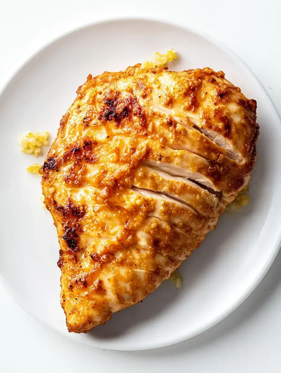 A golden-brown, grilled chicken breast is plated on a white dish.