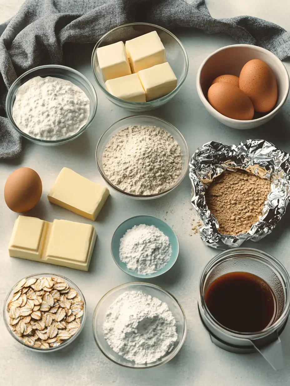 An assortment of baking ingredients is arranged on a surface, including butter, eggs, various flours, oats, and liquid ingredients.