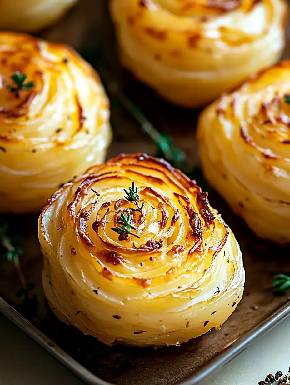 A tray of elegantly arranged, golden-brown potato roses garnished with thyme.