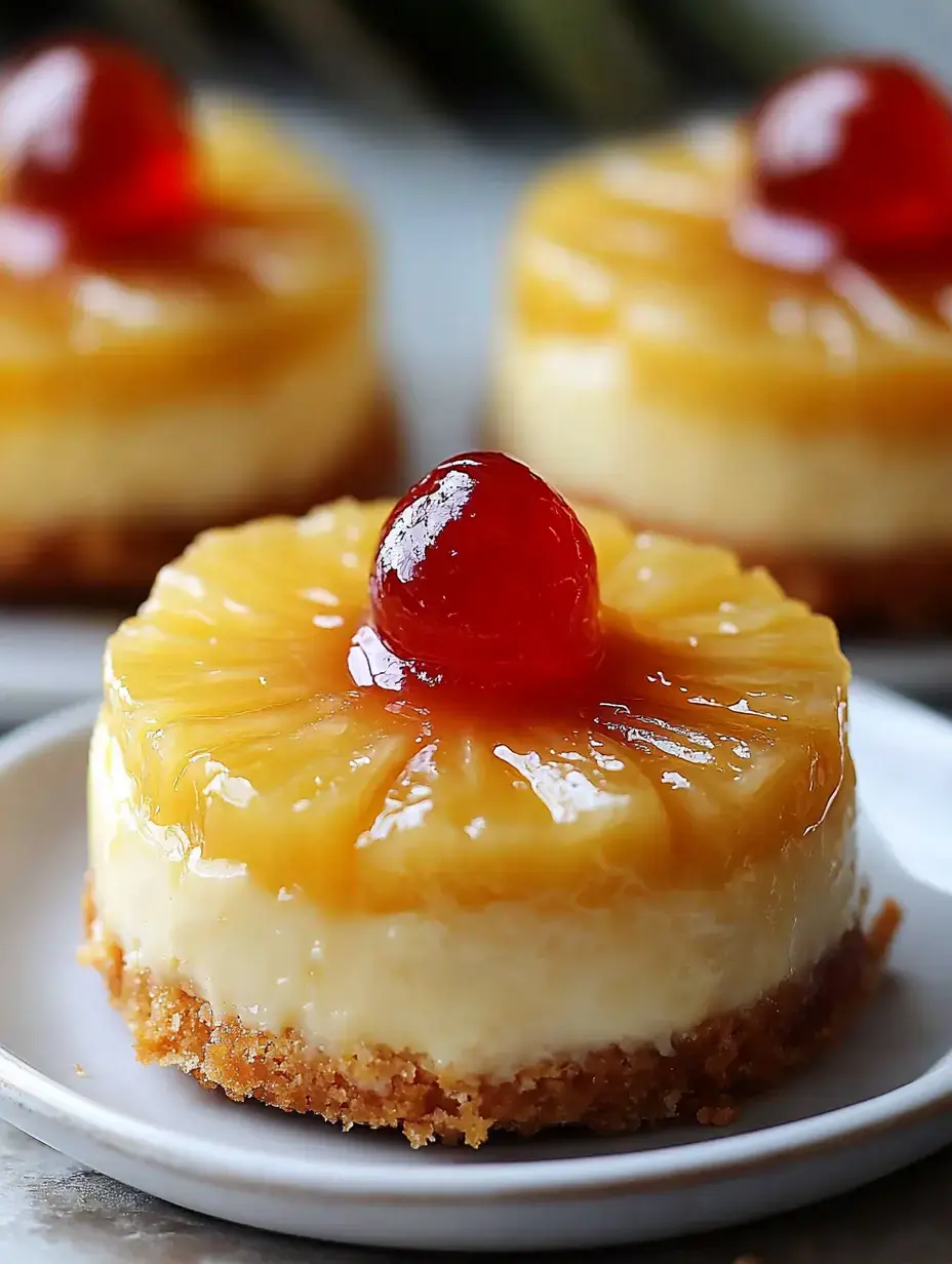 A small, round pineapple upside-down cake topped with a cherry, resting on a white plate.