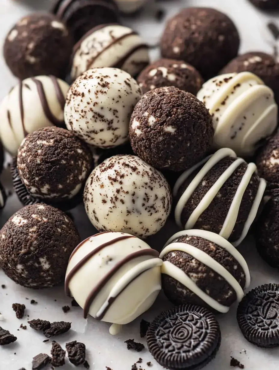 A close-up of assorted chocolate truffles featuring both white and dark chocolate, some decorated with drizzled chocolate, surrounded by Oreo cookies.