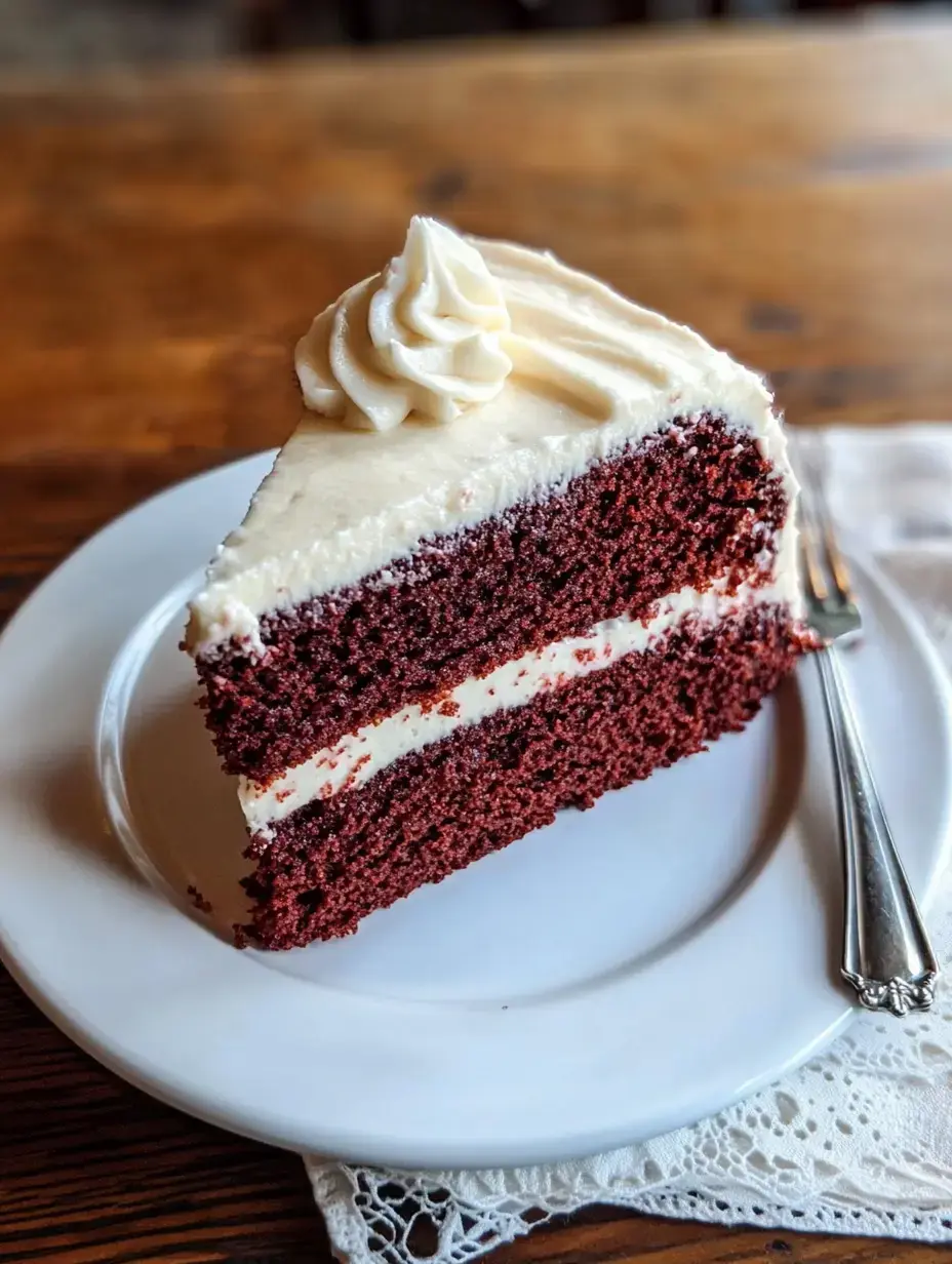 A slice of red velvet cake with cream cheese frosting is displayed on a white plate, with a fork resting beside it.