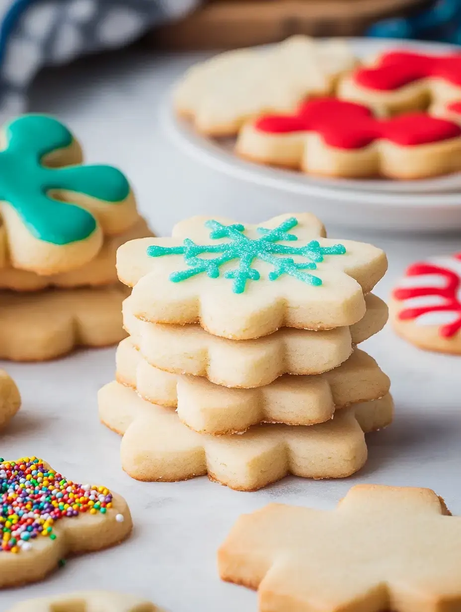 A stack of decorated snowflake-shaped cookies in various colors, including blue, red, and sprinkled, is displayed on a light surface.