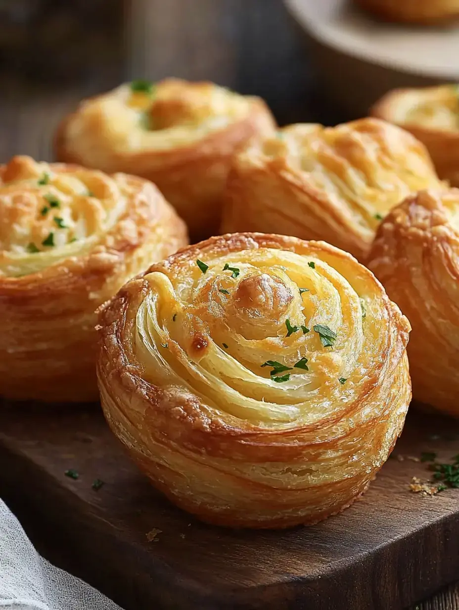 A close-up of golden, flaky pastry swirls garnished with green herbs on a wooden surface.