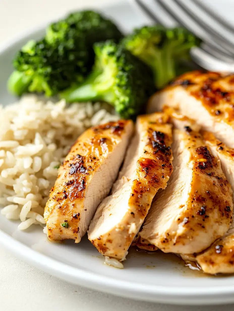 A plate of sliced grilled chicken breast served with steamed broccoli and fluffy rice.