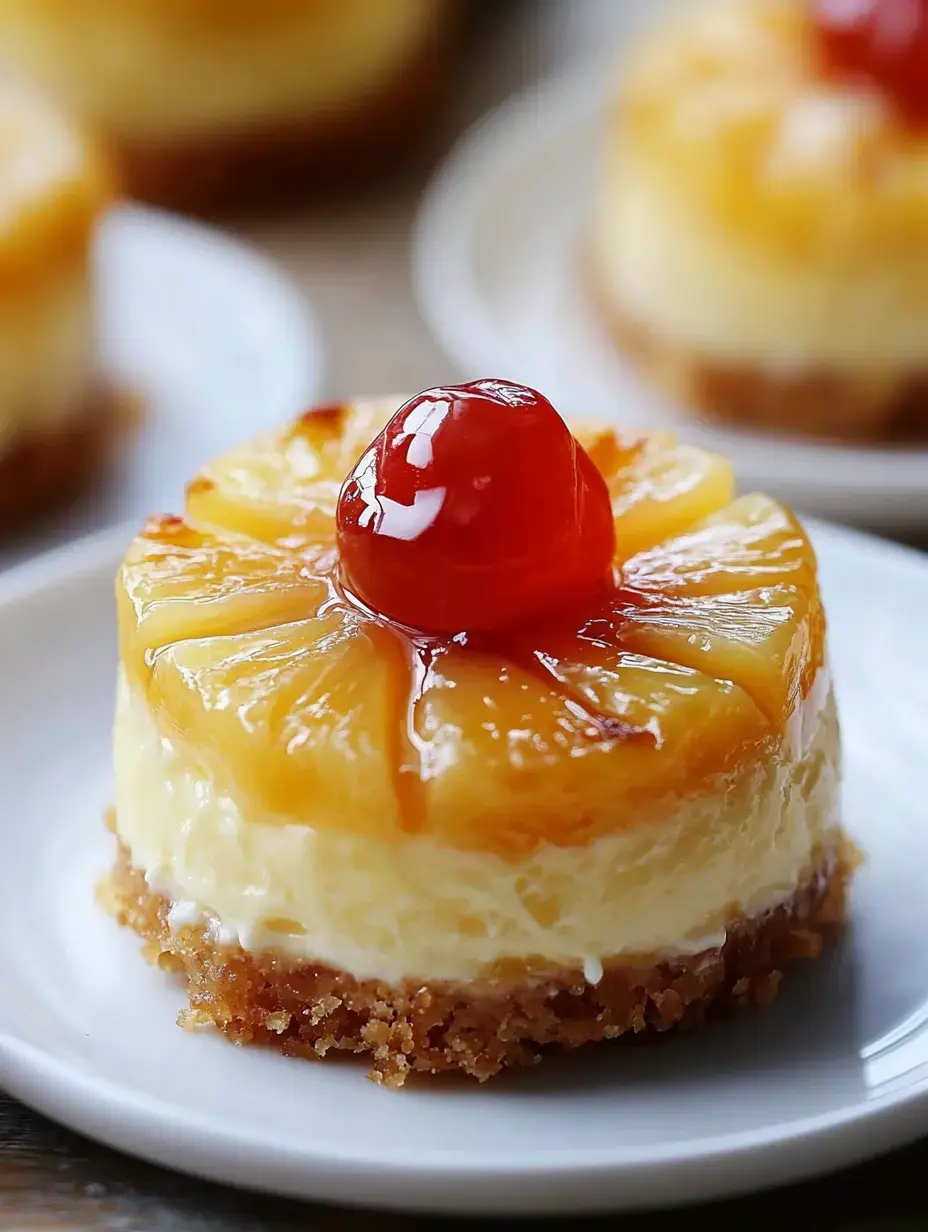 A small, round cheesecake topped with a pineapple slice and a maraschino cherry, served on a white plate.