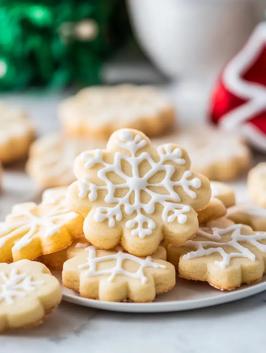 A plate of snowflake-shaped cookies decorated with white icing, surrounded by more cookies and festive decorations.