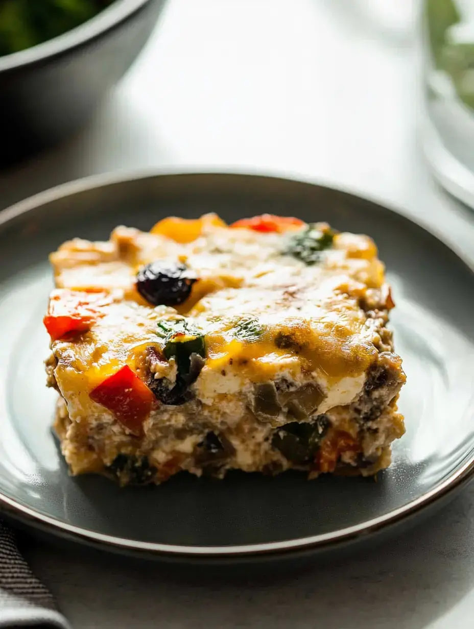 A square slice of a cheesy vegetable casserole on a dark plate, garnished with colorful bell peppers and herbs.