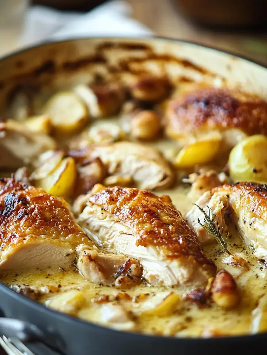 A close-up view of tender, golden-brown roasted chicken pieces with potatoes and herbs simmering in a creamy sauce.