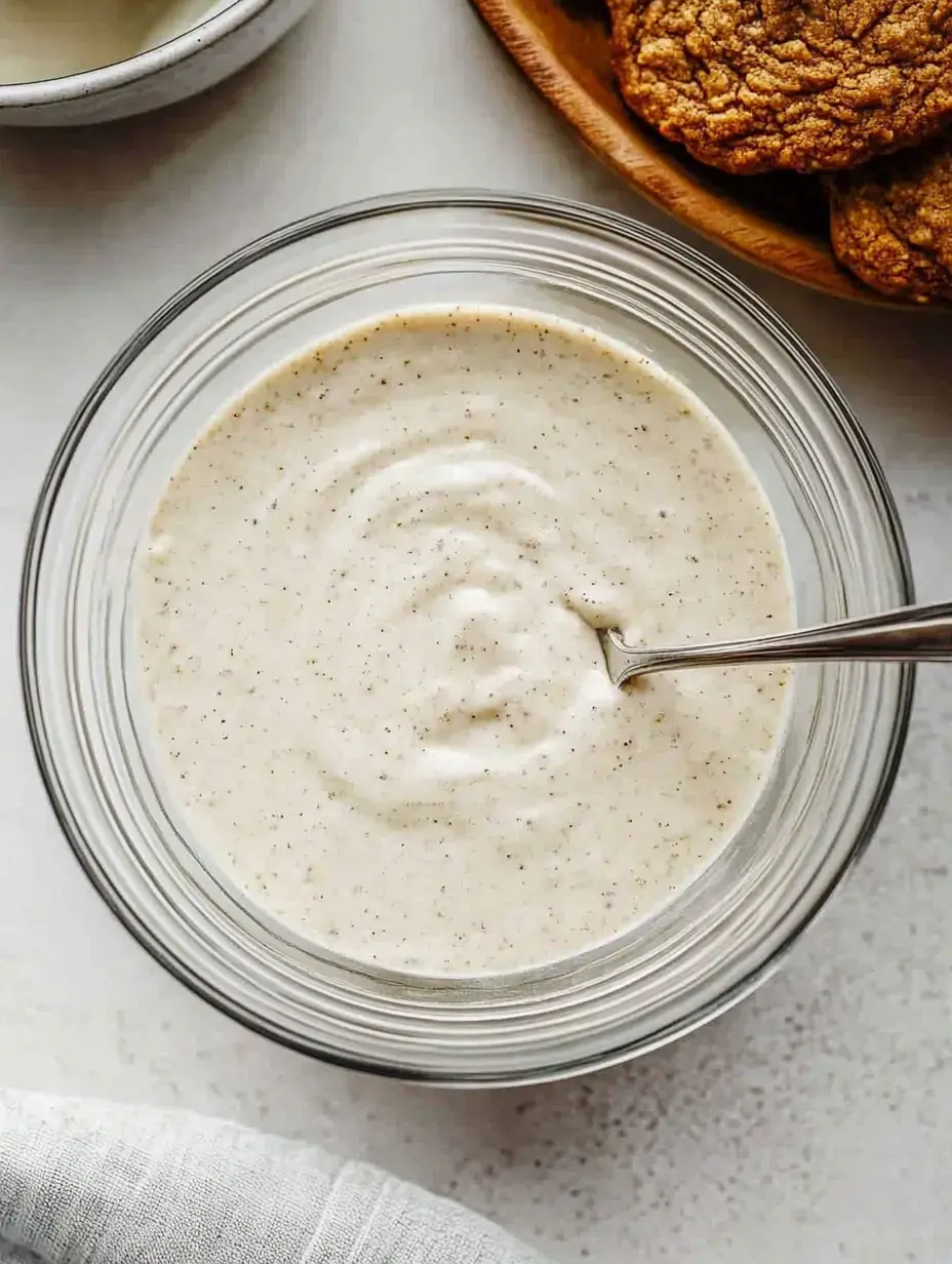 A bowl of creamy vanilla sauce is centered in the image, with a spoon resting in it, alongside a plate of cookies.