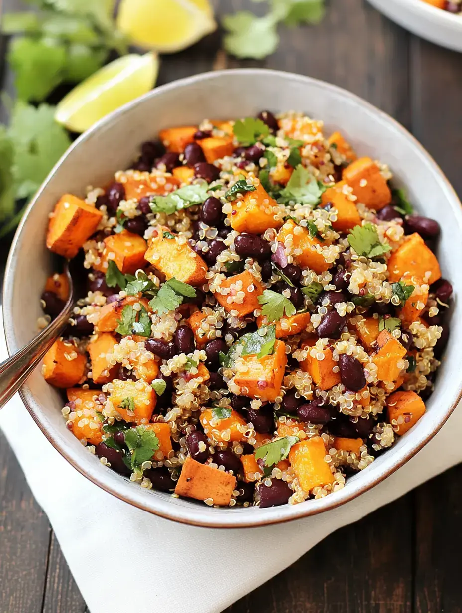 A bowl of quinoa salad mixed with black beans, roasted sweet potato cubes, and fresh cilantro, garnished with lime wedges.