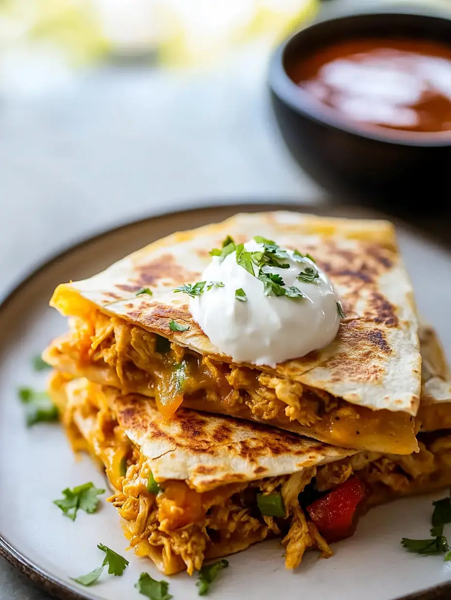 A plate of crispy quesadillas filled with shredded chicken, cheese, and vegetables, topped with sour cream and garnished with fresh cilantro, alongside a small bowl of sauce.