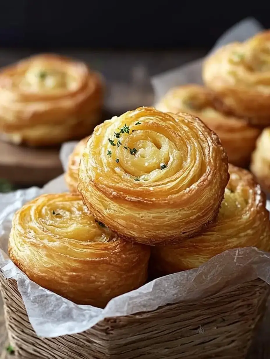 A basket filled with golden, spiraled pastry rolls topped with green herbs.