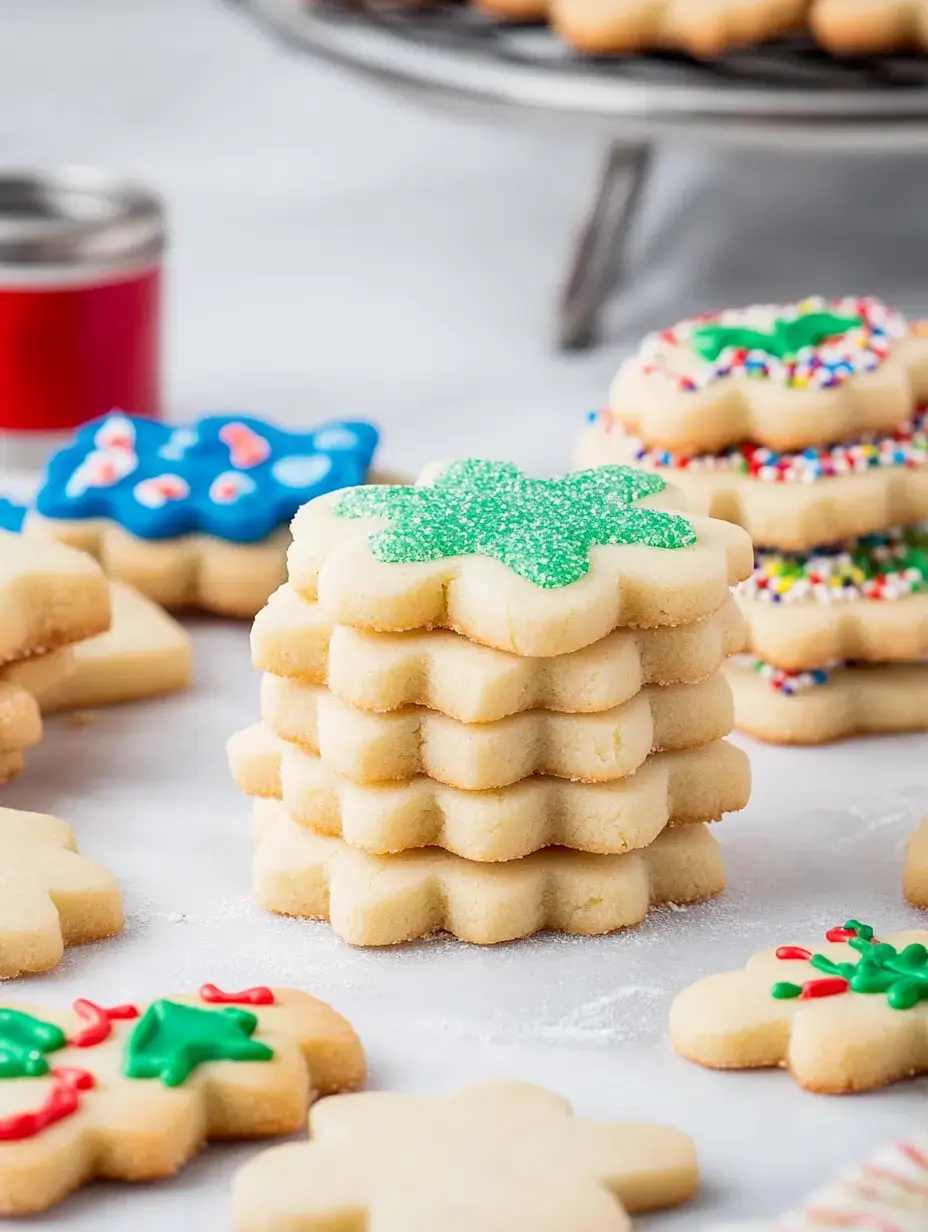 A stack of decorated sugar cookies in various shapes and colors is displayed on a light surface, surrounded by more cookies and baking supplies.