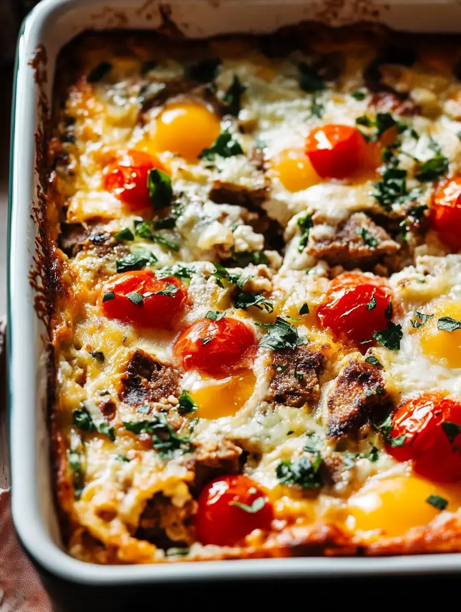 A baked dish containing eggs, cherry tomatoes, herbs, and pieces of meat, topped with melted cheese.