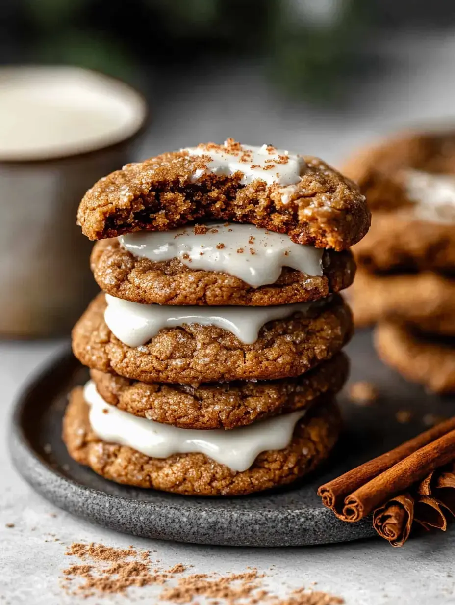 A stack of three frosted cookies sits on a gray plate, with a bite taken out of the top cookie and cinnamon sticks nearby.