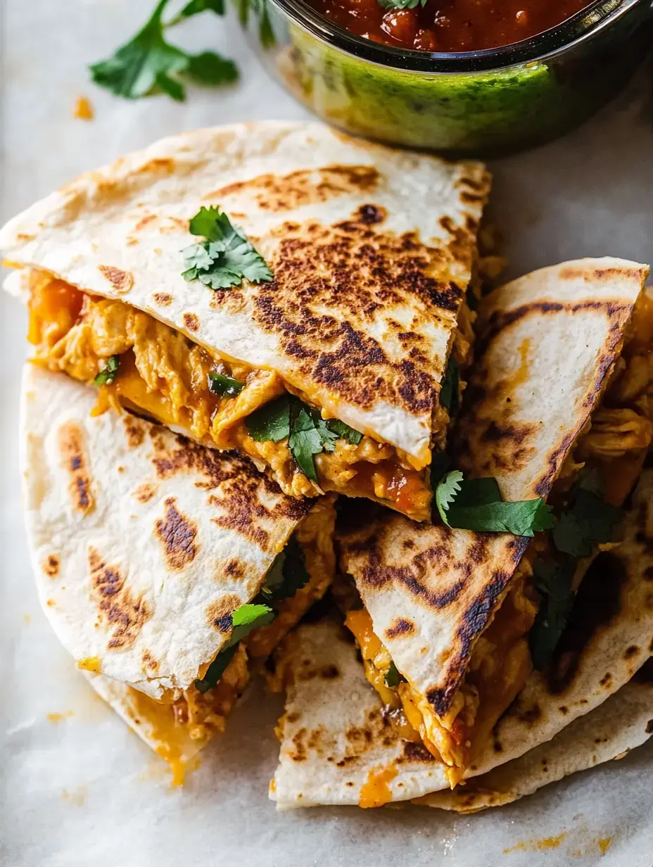 A stack of golden-brown quesadillas filled with chicken and cheese, garnished with fresh cilantro, alongside bowls of salsa and guacamole.