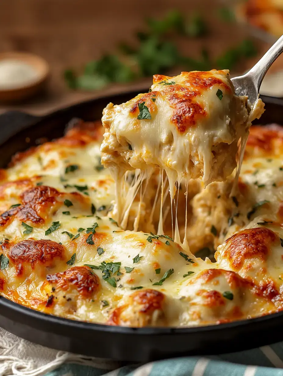 A cheesy, baked dish with golden melted cheese and garnished with parsley is being lifted from a skillet, showcasing its gooey texture.