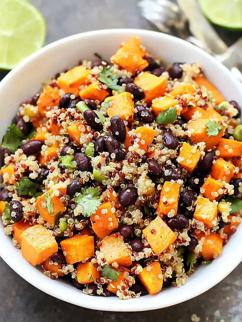 A colorful bowl of quinoa mixed with black beans, diced sweet potatoes, and chopped cilantro, garnished with lime wedges.