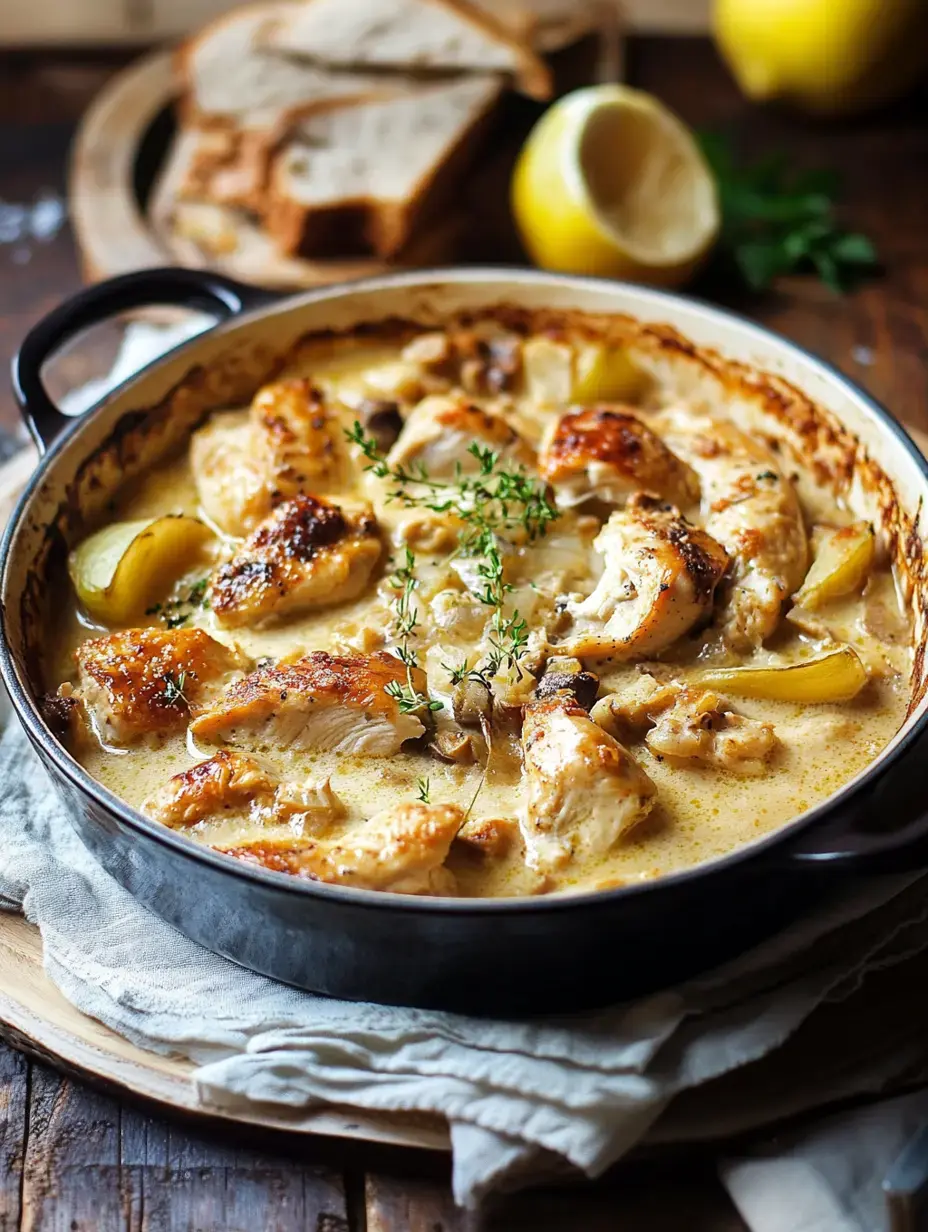 A close-up view of a creamy chicken dish with lemon and thyme, served in a black pot alongside slices of bread and a lemon wedge on a wooden surface.