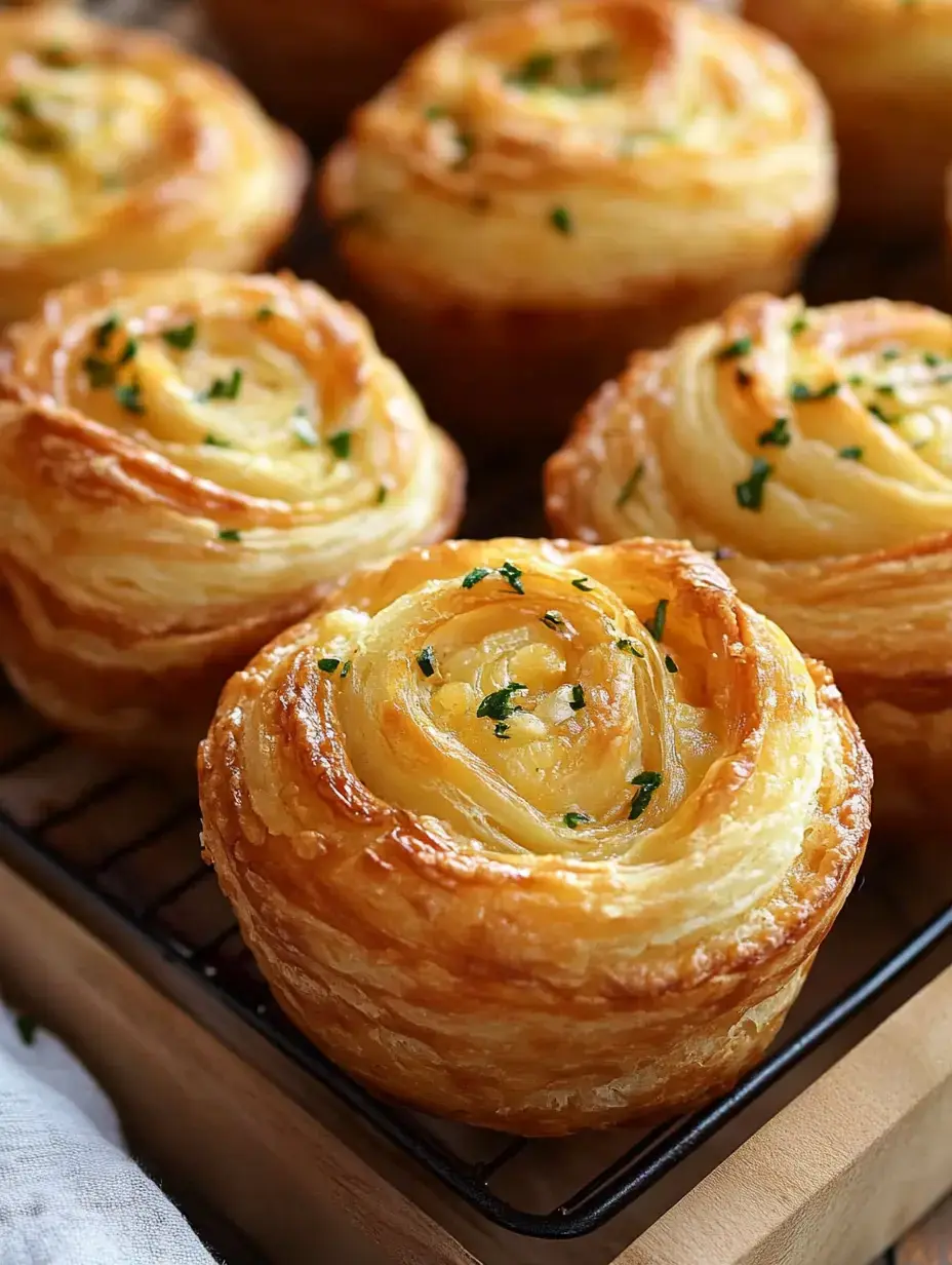 A close-up image of golden-brown, spiral-shaped pastry rolls garnished with green herbs, placed on a cooling rack.