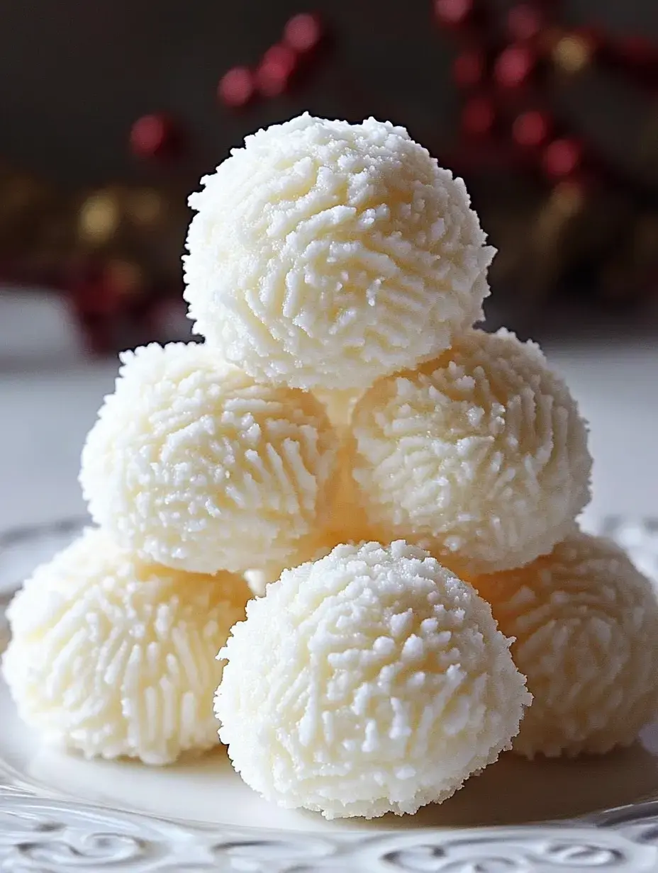 A pyramid of textured white spherical sweets is displayed on a decorative plate, with blurred red accents in the background.