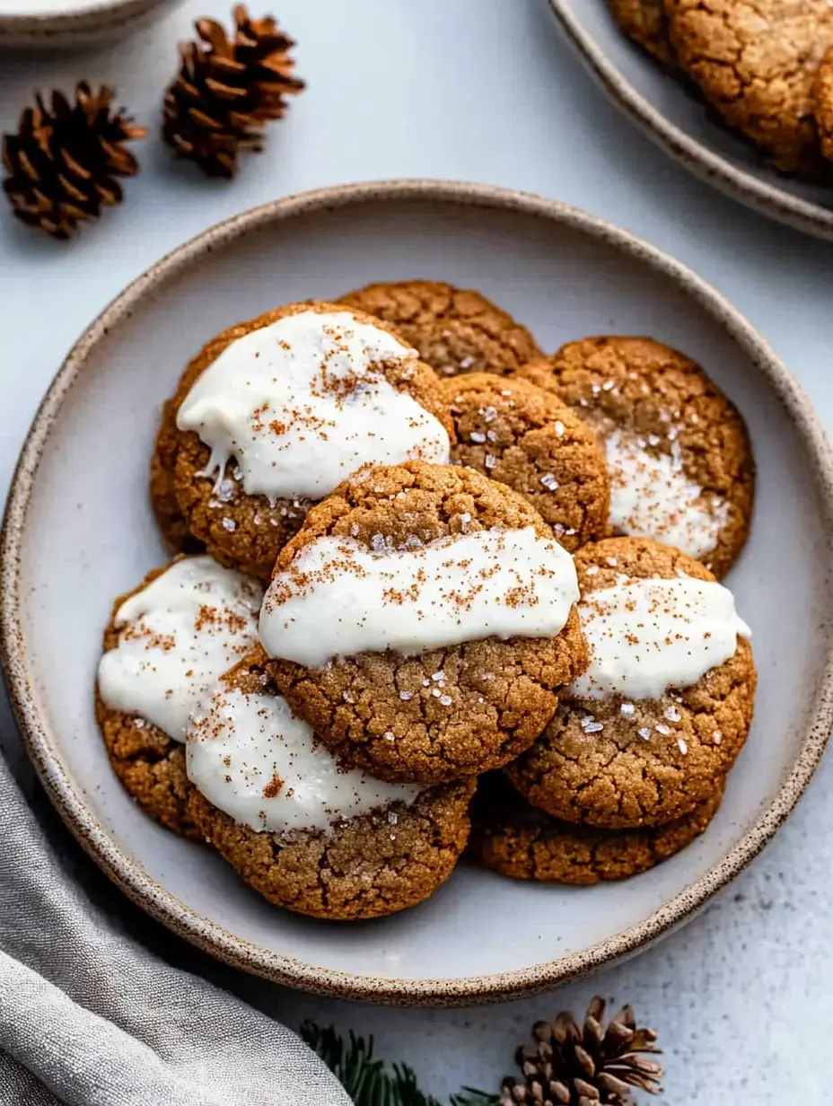 A plate of freshly baked cookies topped with creamy frosting and sprinkled with cinnamon, accompanied by pinecones and a folded cloth napkin.