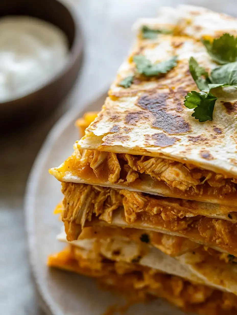 A stack of quesadillas filled with shredded chicken and topped with fresh cilantro, accompanied by a bowl of sour cream.