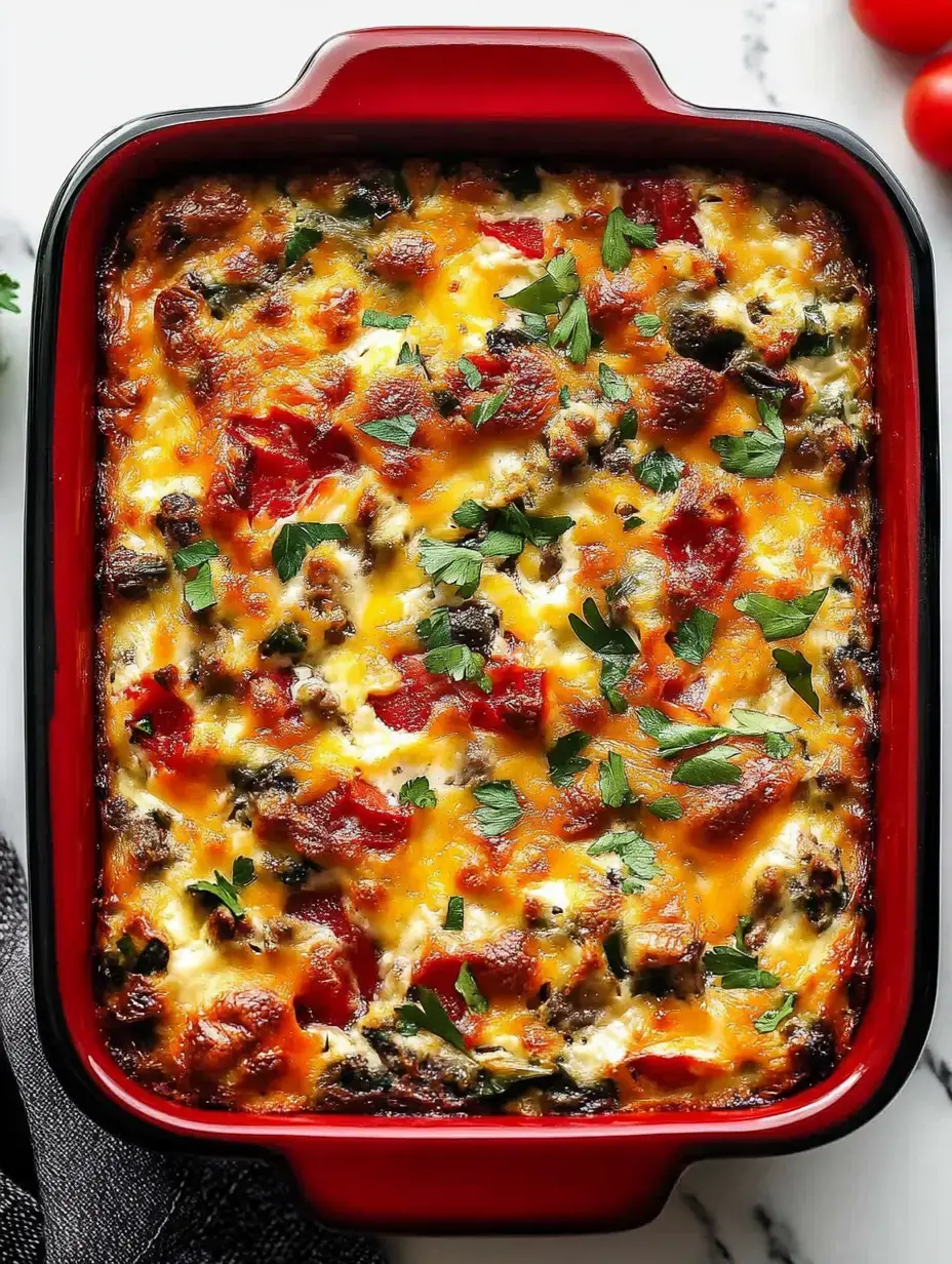 A colorful baked dish featuring layers of cheese, greens, and red peppers, garnished with parsley, in a red casserole dish.