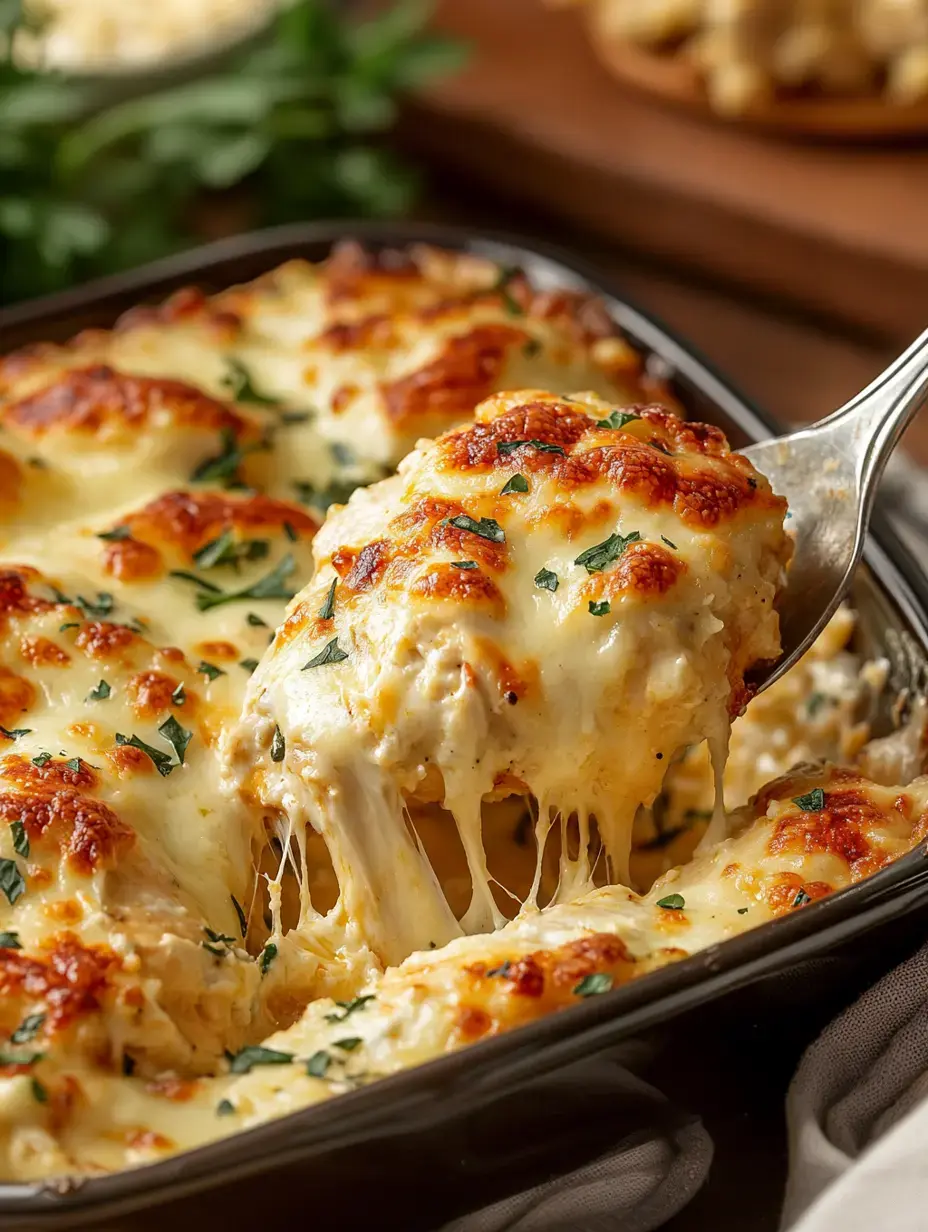 A close-up of a cheesy, baked dish being served, with melted cheese and herbs visible on top.