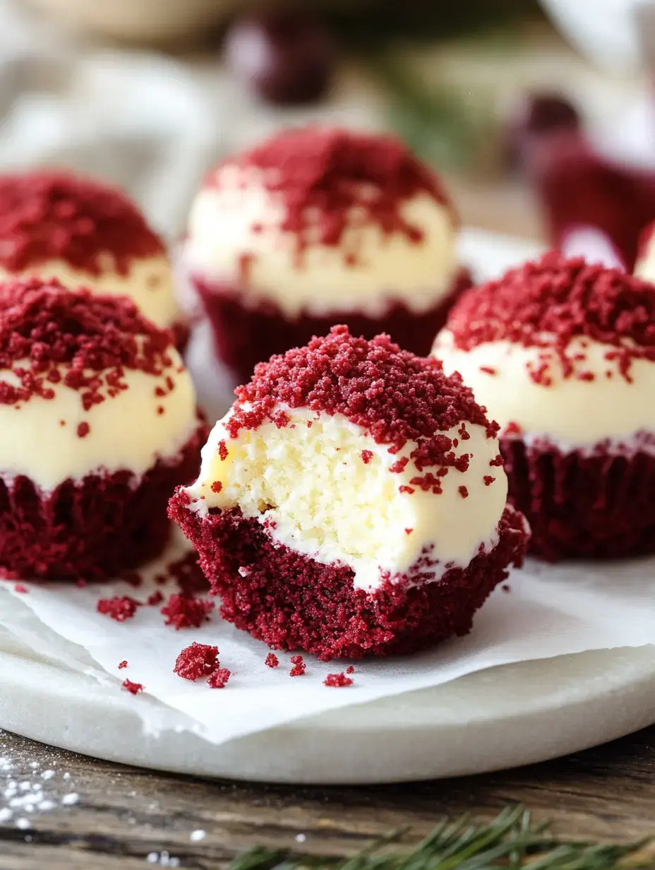 A close-up of red velvet cupcakes with cream cheese frosting and crumbled red topping, one cupcake partially bitten showing its light interior.