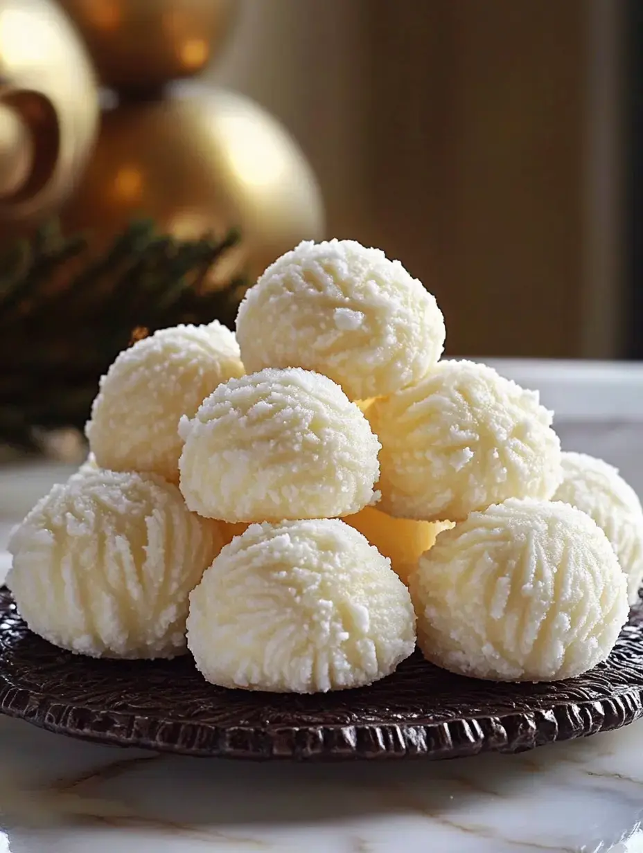 A decorative plate holds a pile of round, white, textured sweets resembling snowballs, with a blurred background of gold ornaments.