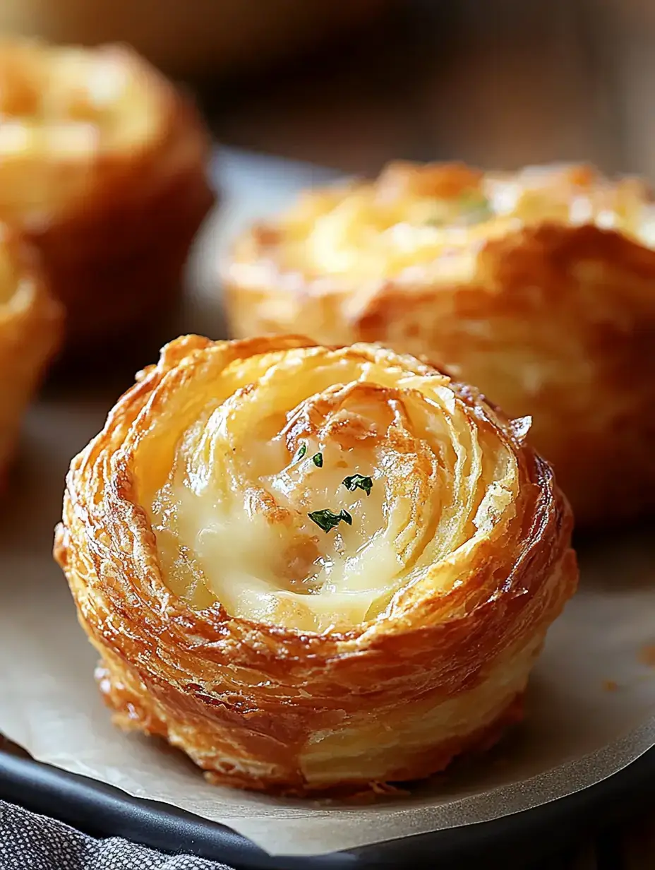 Golden, flaky pastries shaped like nests with melted cheese and herbs inside are presented on a plate.