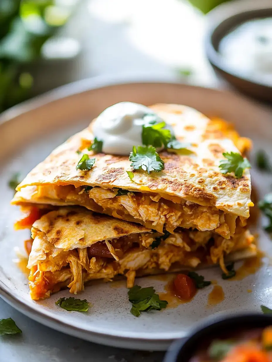 A close-up of two stacked chicken quesadillas topped with sour cream and garnished with cilantro, served on a plate.