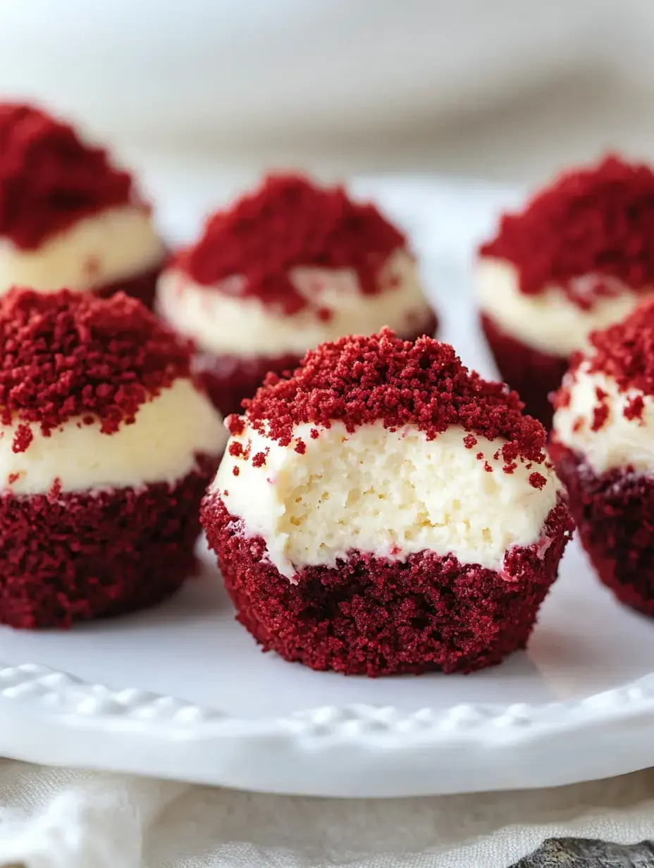 A close-up of red velvet cupcakes topped with cream cheese frosting and red crumbs, with one cupcake partially bitten.