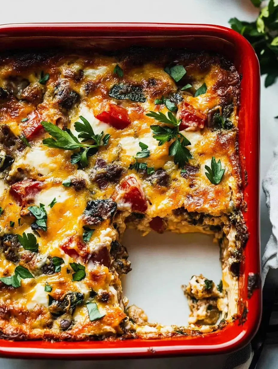 A close-up of a baked casserole in a red dish, topped with cheese, herbs, and diced vegetables, with a portion removed.