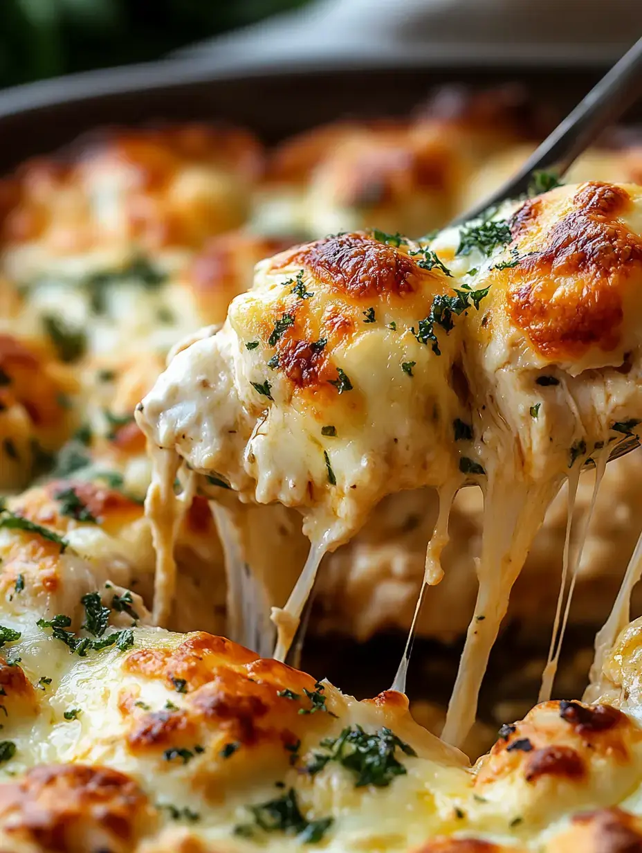 A close-up of cheesy, golden-brown baked chicken with melted cheese pulling away from the dish.